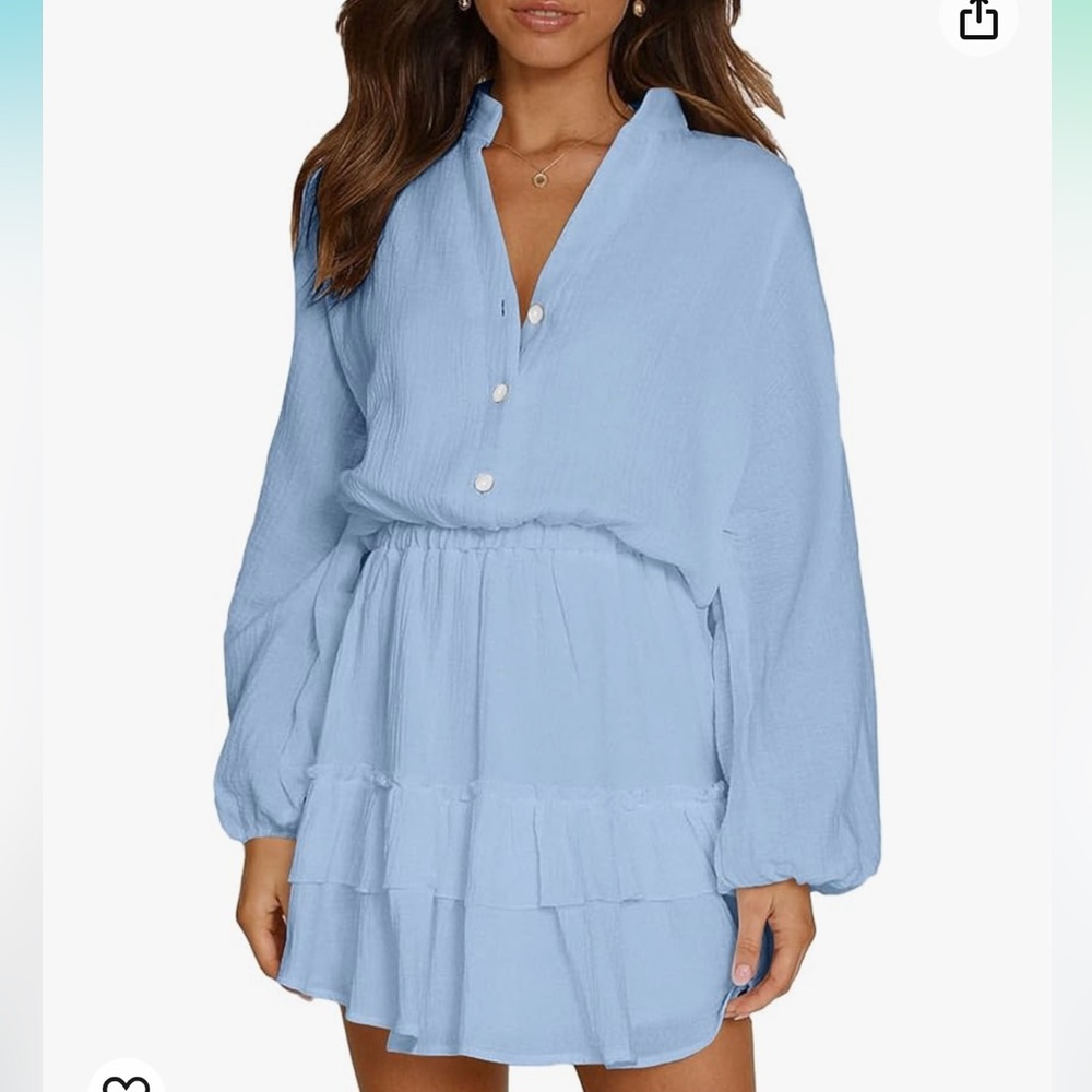 Women’s Layer Ruffle Botton Front  V Neck Elastic Waist Long Sleeve Mini Dress